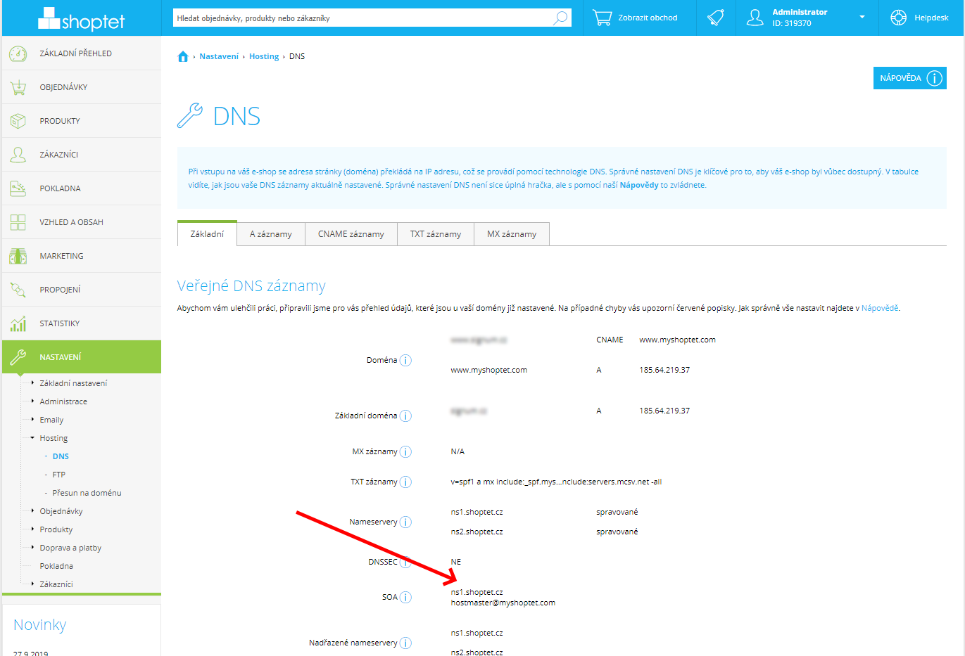 Shoptet - nastaven&iacute; DNS